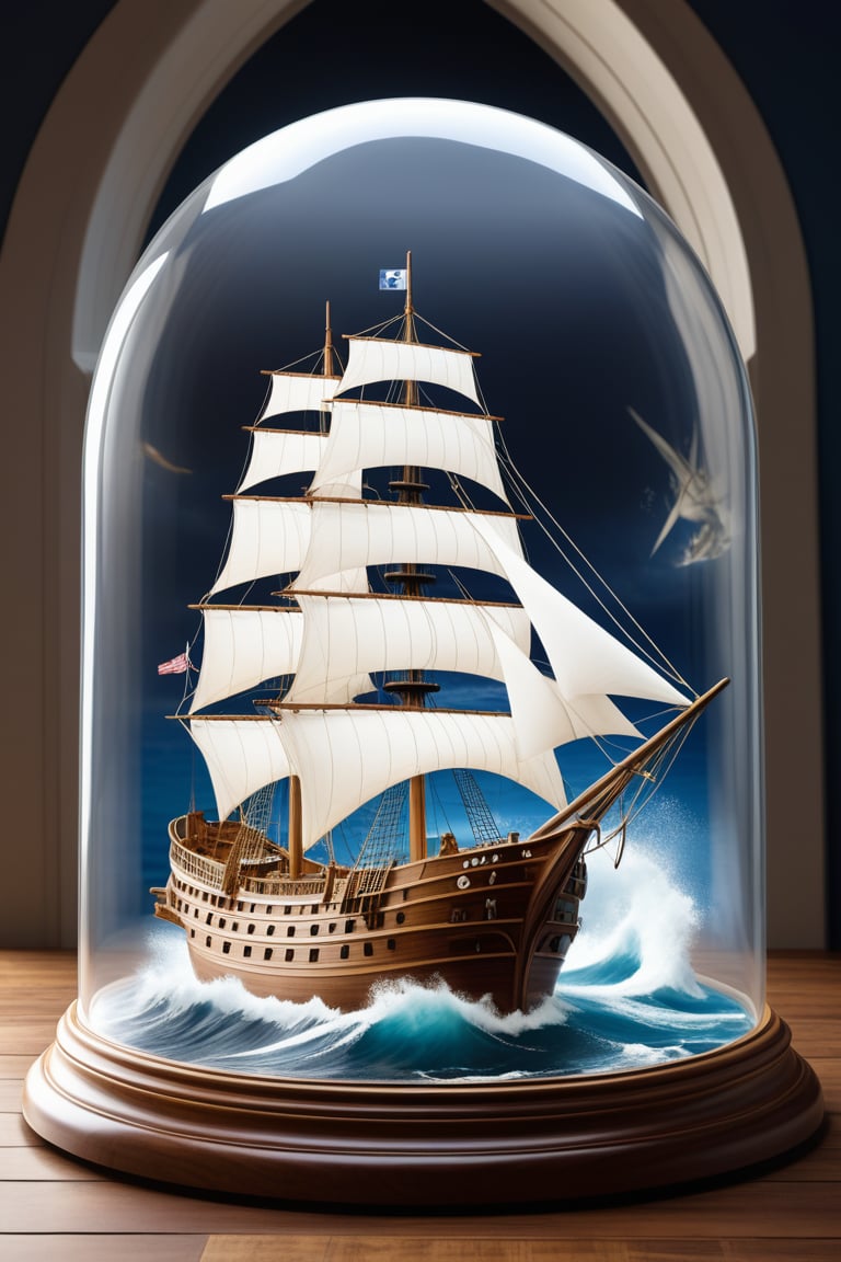 watercraft, no humans, ship, waves, water, ocean, clock, indoors, boat, scenery, blurry, anchor, rating_general. A large, three-masted sailing ship with a wooden hull and white sails is depicted in a glass dome, sailing on a turbulent sea. The ship is surrounded by a large wave, and the dome is placed on a wooden base adorned with intricate designs. The scene is set against a backdrop of a dark room with a large window, allowing natural light to illuminate the ship and its surroundings.