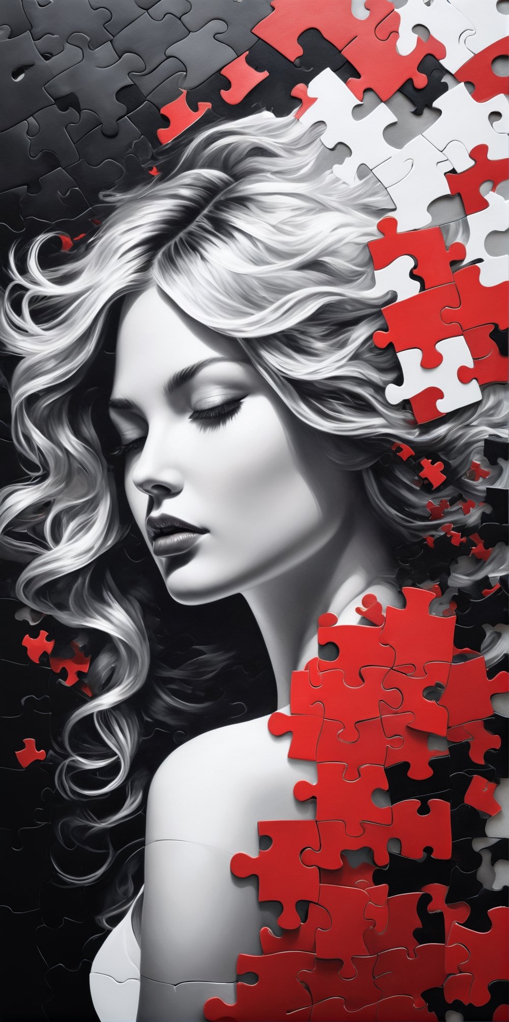 8k quality hiperrealistic, (((A long exposed and degrated photo imatge))) of a stunningly digital work drawed with black, white and red colors pencils of a puzzle pieces pattern silhouette of a hiperrealistic and detailed woman , 3d render, illustration, paintingv0.1, painting, illustration, poster