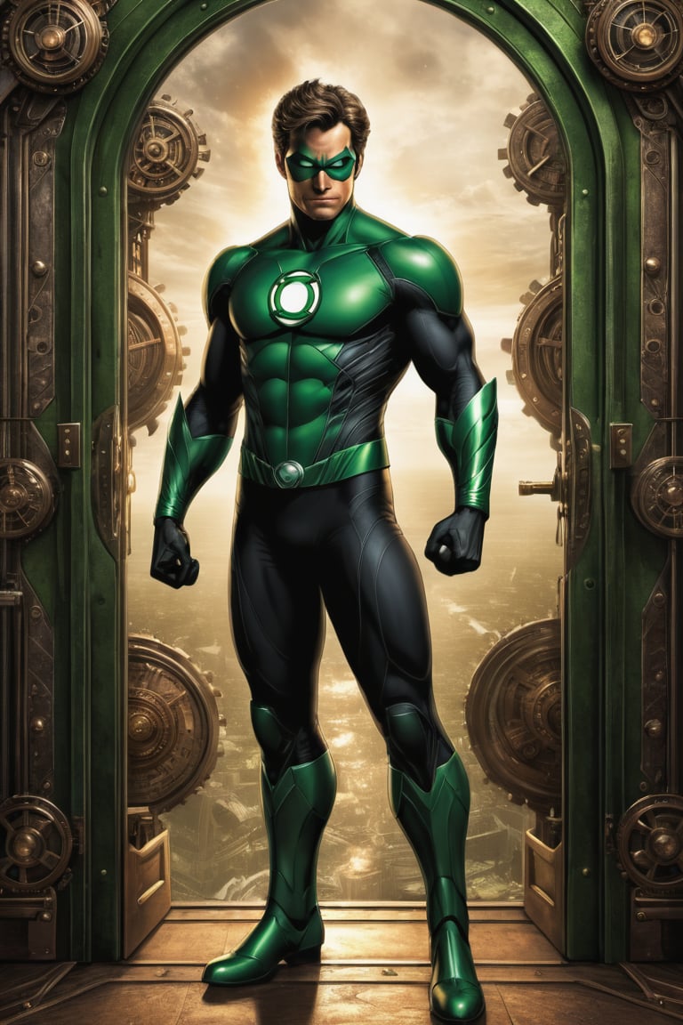 ((green lantern of DC comics illustration in steampunk stile,)) ((full body view.)) (( Action pose)) (Masterpiece, Best quality), (finely detailed eyes), (finely detailed eyes and detailed face), (Extremely detailed CG, intrincate detailed, Best shadow), conceptual illustration, (illustration), (extremely fine and detailed), (Perfect details), (Depth of field), in the door of a wilding background,more detail XL