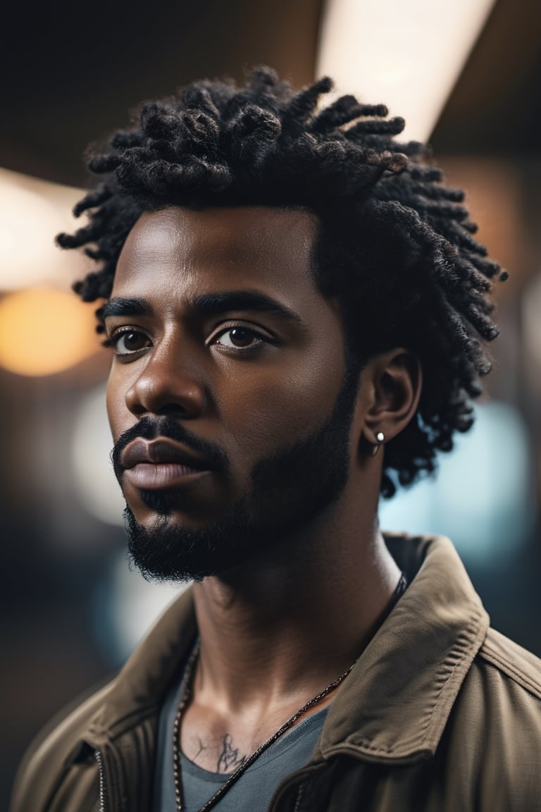 A middle age man, 27 years old, afroamerican man, dark skin, with Black hair facing the camera, digital art, 8k, future, Cinematic, Photography, Ultra - Wide Angle, Depth of Field, hyper - detailed, insane details, intricate details, beautifully color graded, Unreal Engine 5, Cinematic, Photoshoot, Shot on 25mm lens