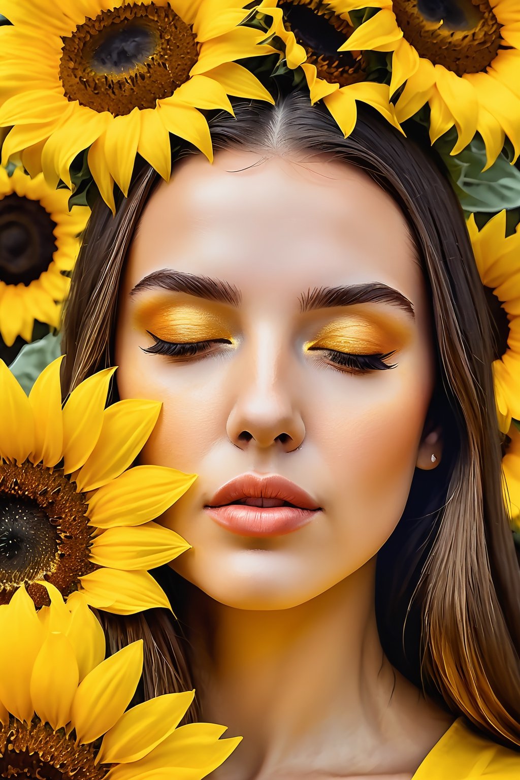 lana rhoades, SelectiveColorStyle yellow, 2colorpop, ink stained wash painting. A woman with her eyes closed. Sunflowers. Best quality with insane detail and sharp focus, masterpiece, professional, award-winning, exquisite detailed, highly detailed, UHD, 64k, soft look