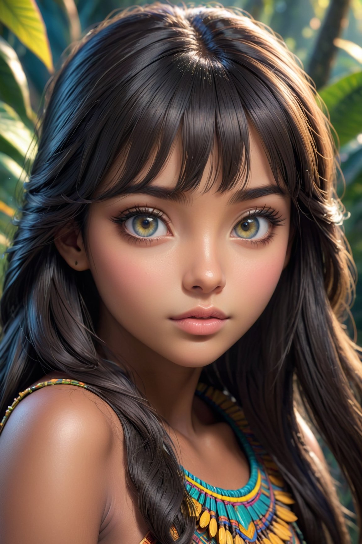 ((top quality)),  ((masterpiece)), girl of Amazonian ethnicity, with a childish face with a shy look, long dark hair with bangs, dark skin,  intricate details, cinematic image, very detailed eyes, very detailed mouth, illuminated by soft light,