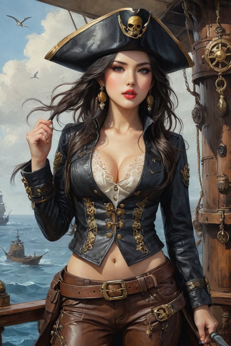 Oil painting full body of a very beautiful pirate captain manga girl, (black long hair:1.3), perfect detailed eyes, perfect detailed nose, perfect detailed lips. She wears a black leather long jacket with golden buttons, shirt adorned with lace, brown leather trousers, Intricately detailed accessories and pirate hat. She is on the deck of her ship and cheers her crew on to fight during the battle. Dynamic pose. Masterpiece, vibrant colors, eerie detail perfection, absurdres detail, realistic illustration, extremely detailed, intricately sharp details, sharp focus, chaotic (ships battle scenario:1.3), ships on background 