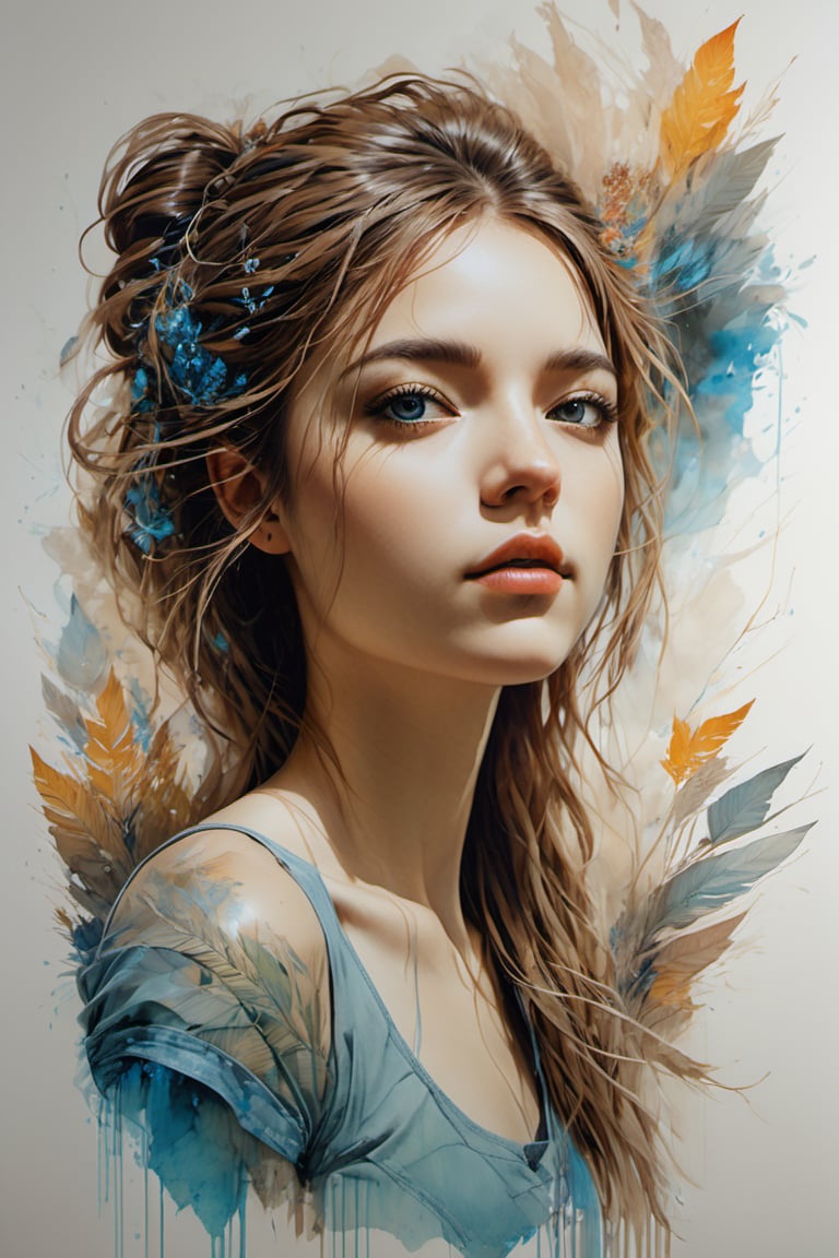 beautiful girl , portrait, ((amazing quality, award winning, intricately detailed, extremely detailed 8K, masterpiece, painting)), ((style of Carne Griffiths)), sketch ink artwork of beautiful woman, river background,Leonardo Style, illustration,tshirt design,oni style