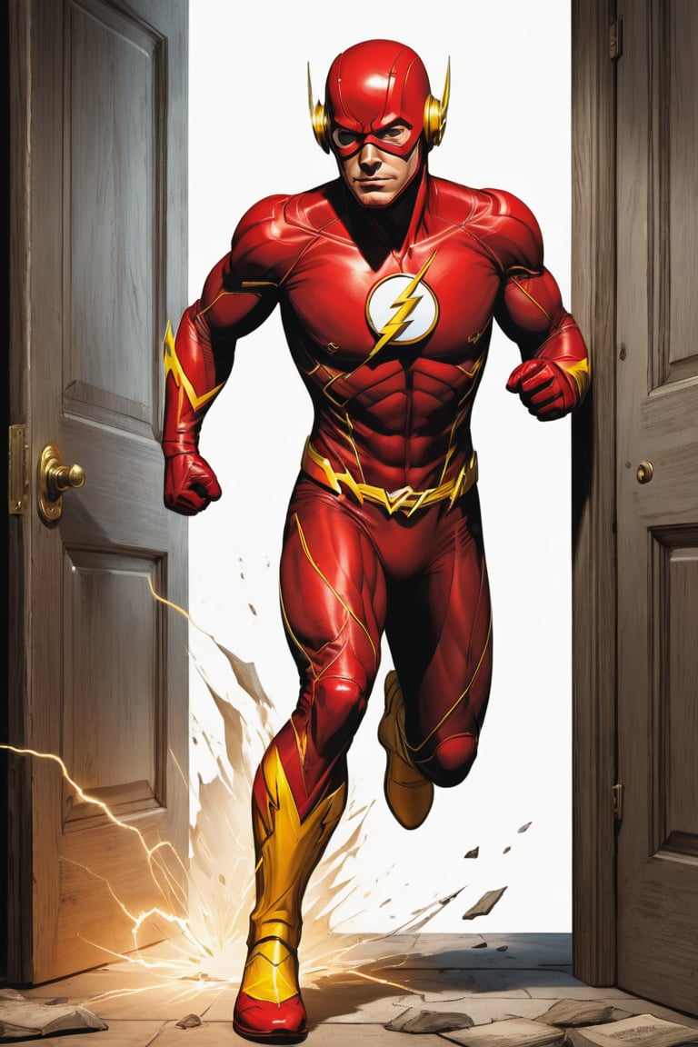 ((flash of DC comics illustration in original look stile,)) ((full body view.)) (( Action pose)) (Masterpiece, Best quality), (finely detailed eyes), (finely detailed eyes and detailed face), (Extremely detailed CG, intrincate detailed, Best shadow), conceptual illustration, (illustration), (extremely fine and detailed), (Perfect details), (Depth of field), in the door of a wilding background,more detail XL