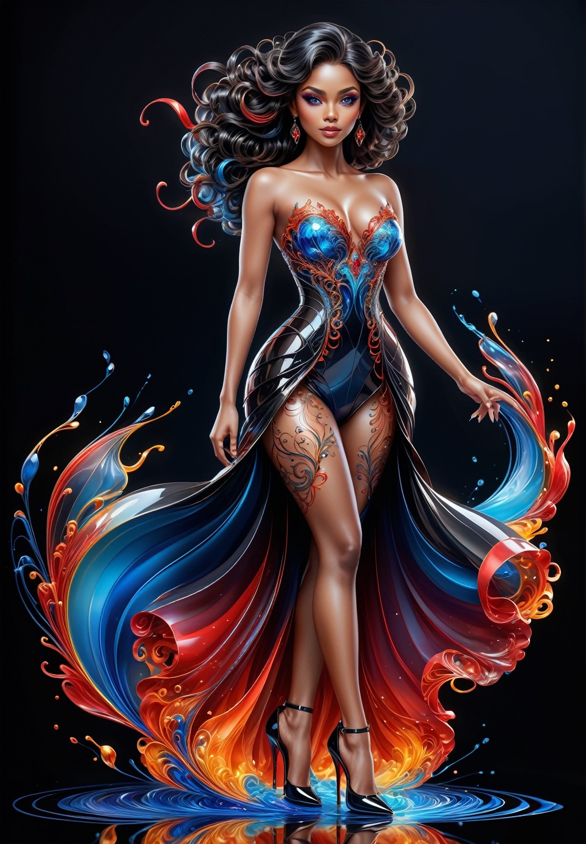 thin and very fine color lines stroke, ink splash art, 1 liquid black lady made of colors, colorful crystal, filigree, filigree detailed, swirling blue waves and red flame, intricated walking pose, big beautiul eyes, reflections, full body portrait, crystal high heels,