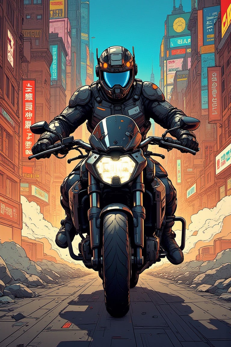 Masterpiece, professional, award-winning, intricate details, ultra high detailed, 64k, volumetric light, dynamic lighting, Movie Aesthetic, action shot, comic book panels by Travis Charest and Phil Noto (colored). Bike In the style of Hideo Kojima, superb detail, It must not be commonplace, Must have a very complex structure, Must have a very high degree of randomness, Must be an image that no one has ever seen before, It has to be very original, Must have tremendous detail, It has to be of the highest artistic quality, It has to be the ultimate, Failure is not an option.