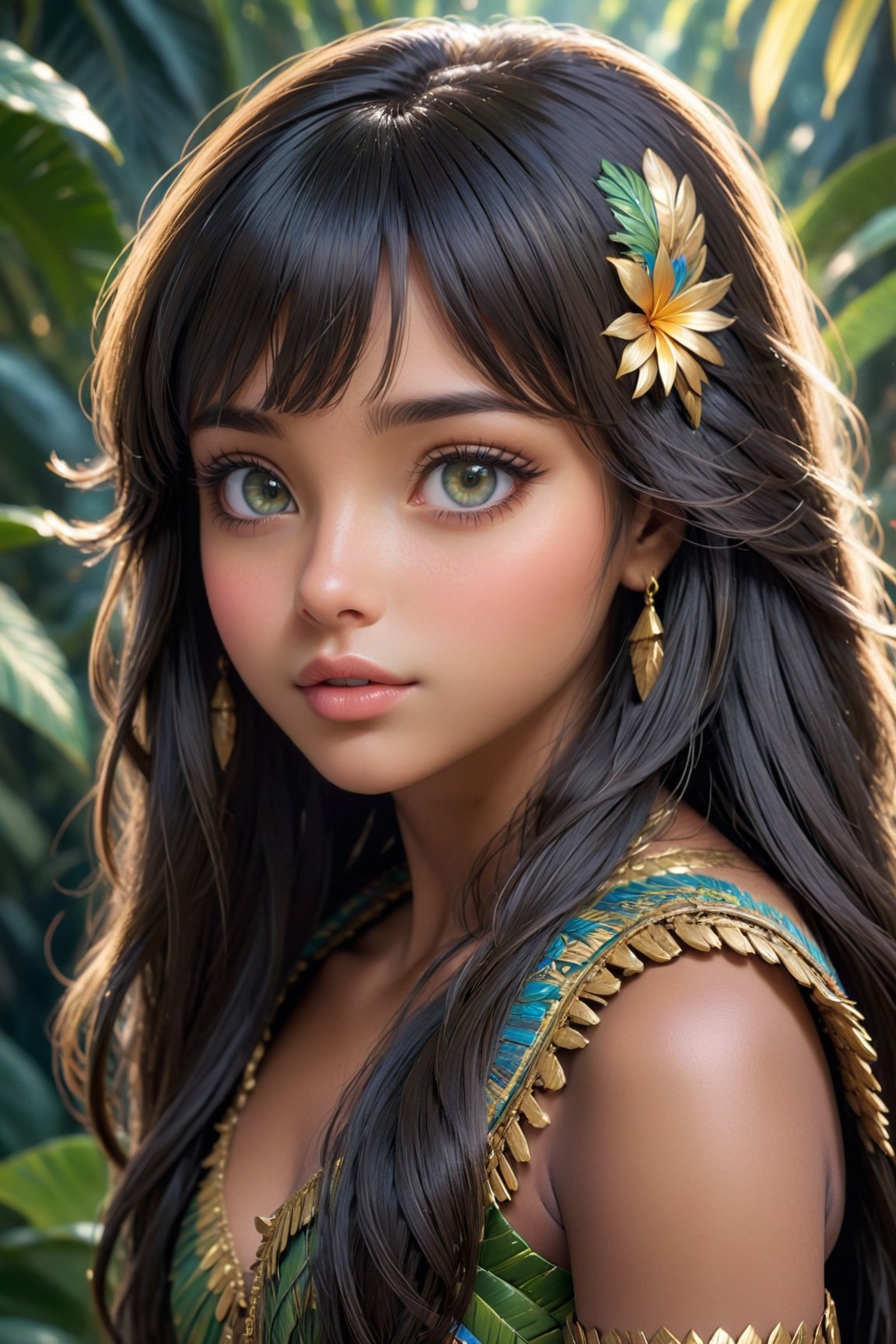 ((top quality)),  ((masterpiece)), girl of Amazonian ethnicity, with a childish face with a shy look, long dark hair with bangs, dark skin,  intricate details, cinematic image, very detailed eyes, very detailed mouth, illuminated by soft light,