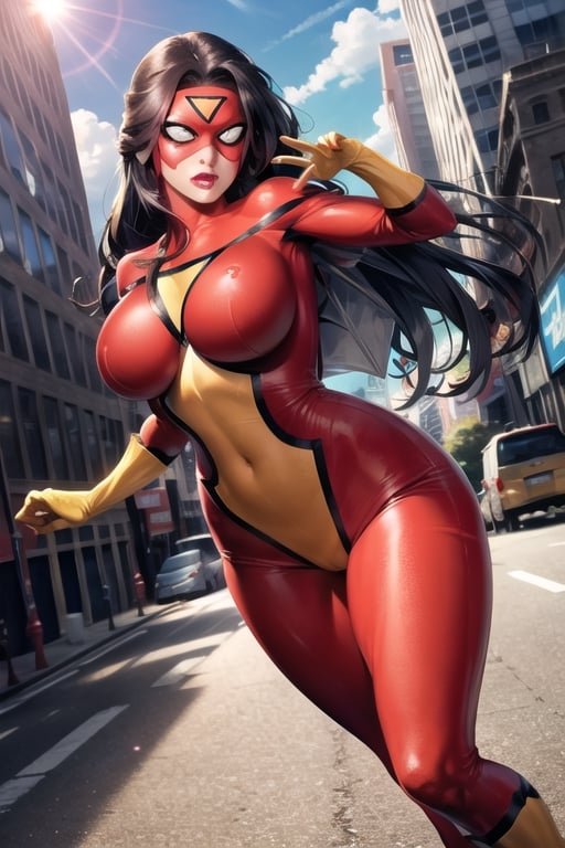 Jessica_Drew_aiwaifu,mask,domino mask,covered_eyes,long hair,black hair,bodysuit,superhero,gloves,large breasts,lips,lipstick,red bodysuit,makeup,skin tight,yellow gloves,covered navel,huge breasts,shiny clothes,yellow bodysuit,thighs,latex, toned, masterpiece,best quality,ultra detailed, 8k, cinematic light,highly detailed, scenery,pose,solo,looking at viewer, 
