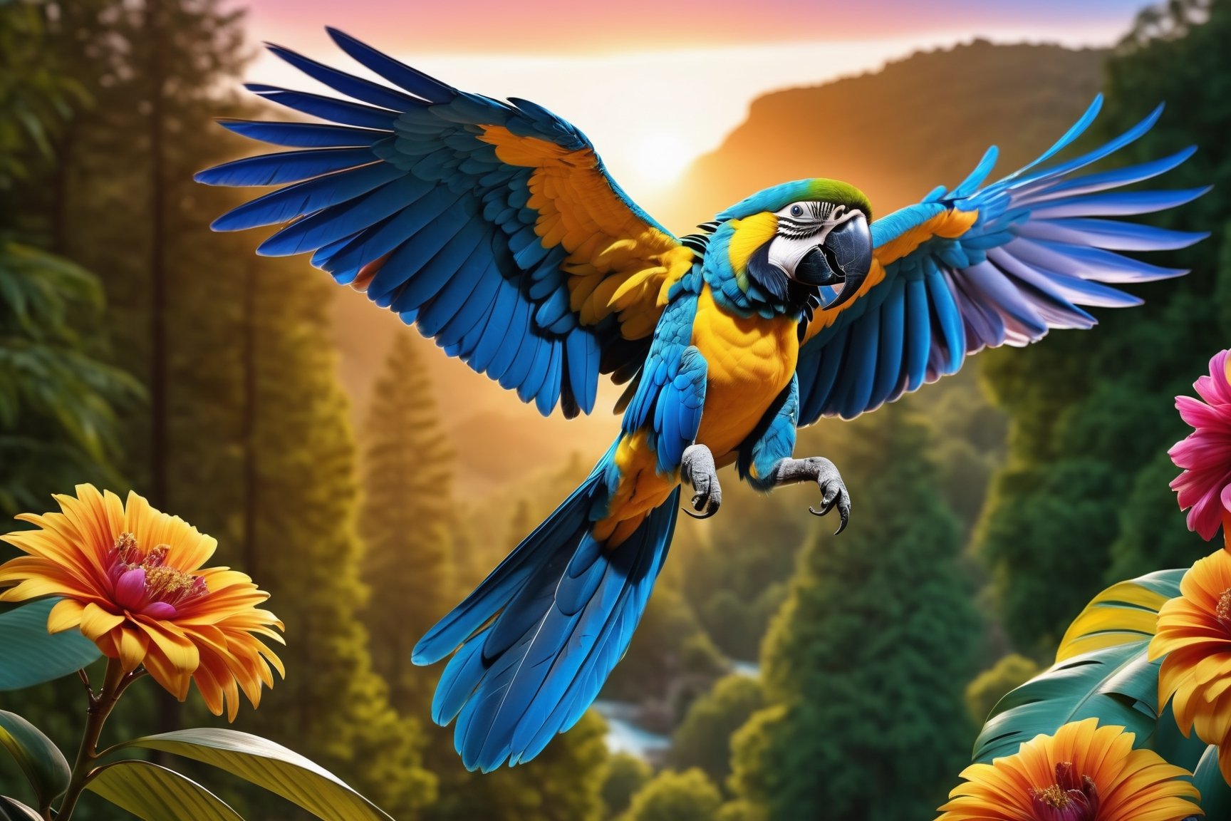 (masterpiece:1.2, highest quality), (realistic, photo_realistic:1.9), ((Photoshoot))
a  blue macaw parrot  flying,  (detailed background), (gradients), detailed colorful landscape, key visual, glowing skin.
beautiful and forest, stunning trees and flowers, stunning sunset. Medium shot. action camera. Portrait film. standard lens Golden hour lighting.
8k, UHD, high quality, frowning, intricate detailed, highly detailed, hyper-realistic,(Circle:1.4)