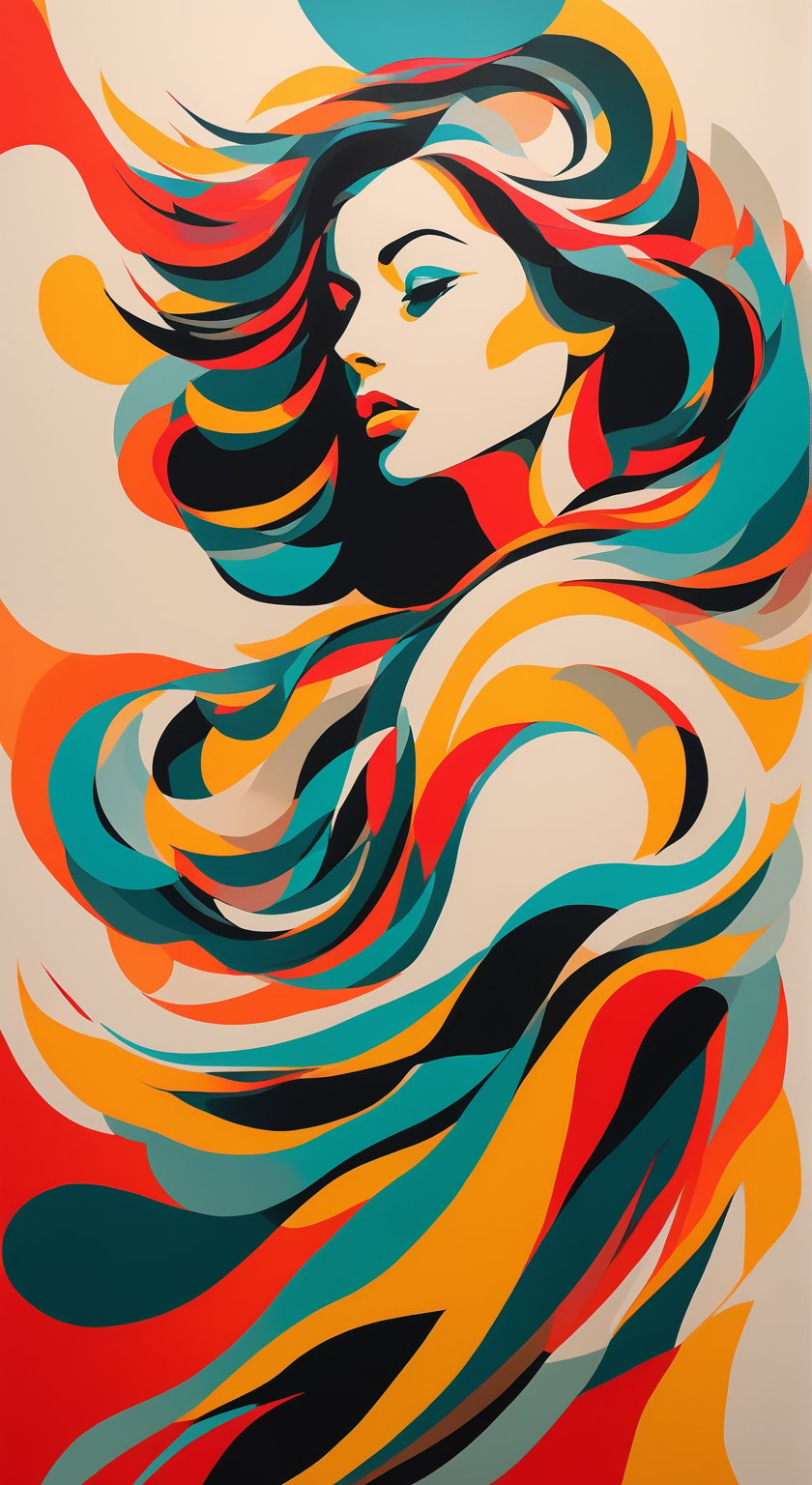 portrait of a woman, upperbody, minimalist, with dynamic movement and bold colors, by vovin, 