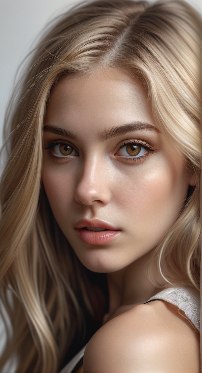 Hyperrealistic sexy Girl Portrait,full body, BLONDE long hair,ultra detail light brown hazel eyes,face,perfect body**: An extremely high-resolution hyperrealistic portrait of a girl, pushing the boundaries of realism with fine textures and lifelike details.
