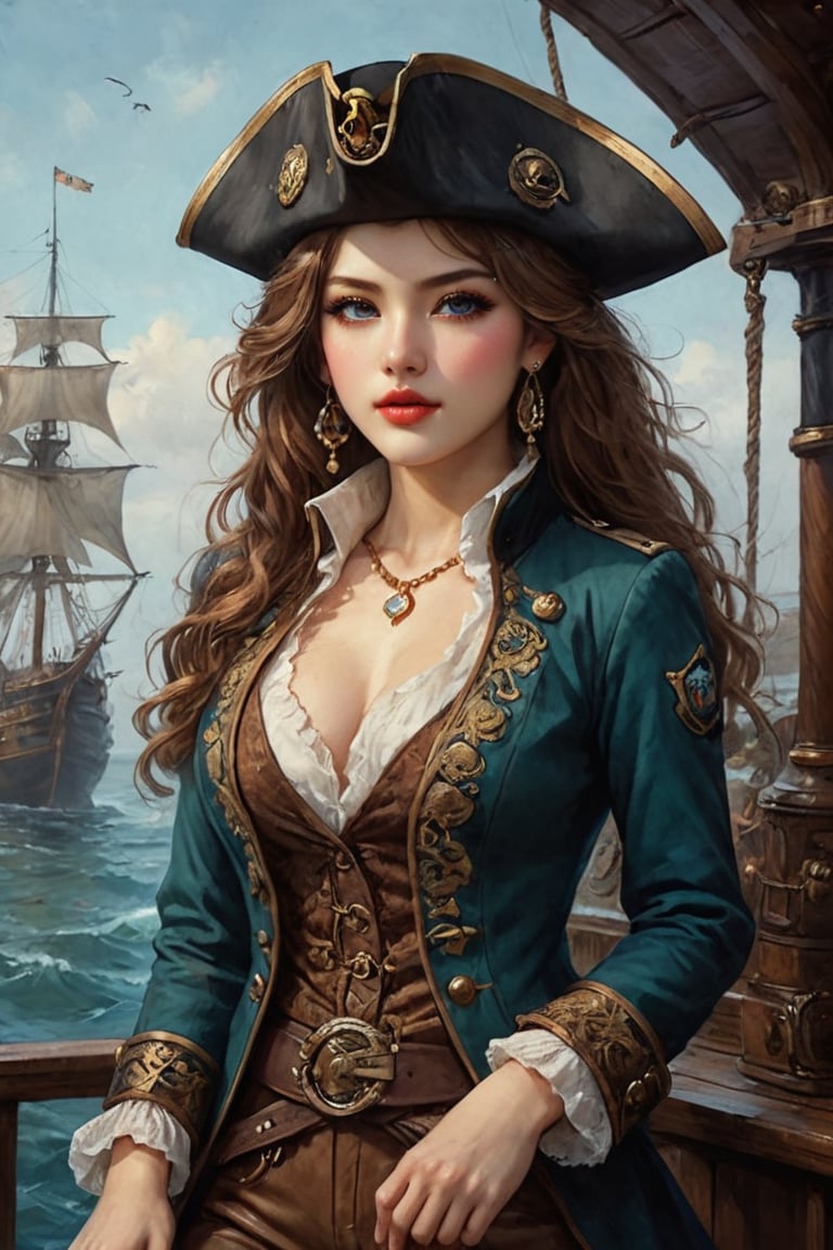 Oil painting of a very beautiful pirate captain  manga girl, (perefct eyes), (light brown hazel eyes:1.4), perfect detailed eyes, perfect detailed nose, perfect detailed lips. (perfect hands), She wears a aquamarine and black velvet long jacket with golden buttons, shirt adorned with lace, brown leather trousers, Intricately detailed accessories and pirate hat. She is on the deck of her ship and cheers her crew on to fight during the battle. Dynamic pose. Masterpiece, vibrant colors, eerie detail perfection, absurdres detail, realistic illustration, extremely detailed, intricately sharp details, sharp focus, chaotic (ships battle scenario:1.3), ships on background 