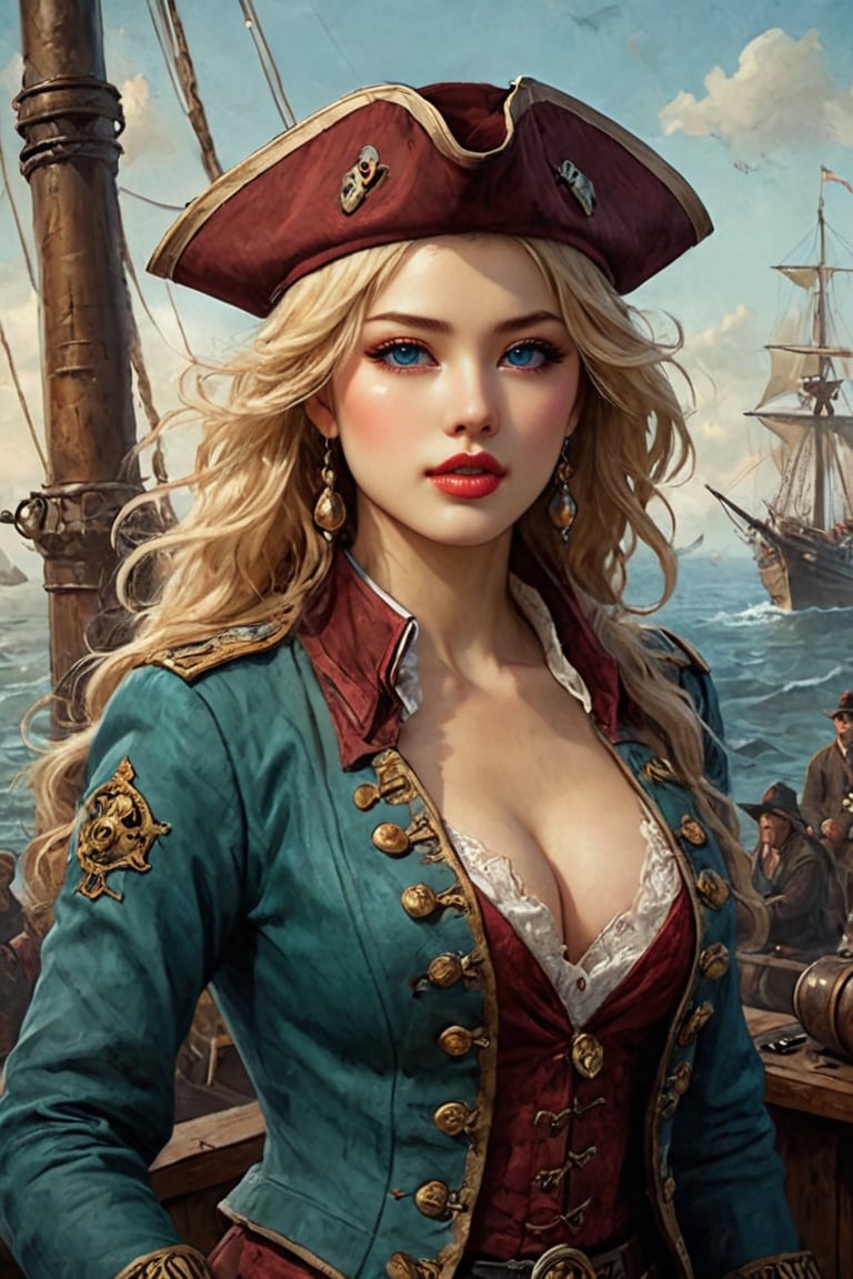 Oil painting of a very beautiful pirate captain  manga blonde girl, perfect detailed eyes, perfect detailed nose, perfect detailed lips. She wears a teal velvet long jacket with golden buttons, shirt adorned with lace, dark red leather trousers, Intricately detailed accessories and pirate hat. She is on the deck of her ship and cheers her crew on to fight during the battle. Dynamic pose. Masterpiece, vibrant colors, warm light, eerie detail perfection, absurdres detail, realistic illustration, extremely detailed, intricately sharp details, sharp focus, chaotic (ships battle scenario:1.3), ships on background 