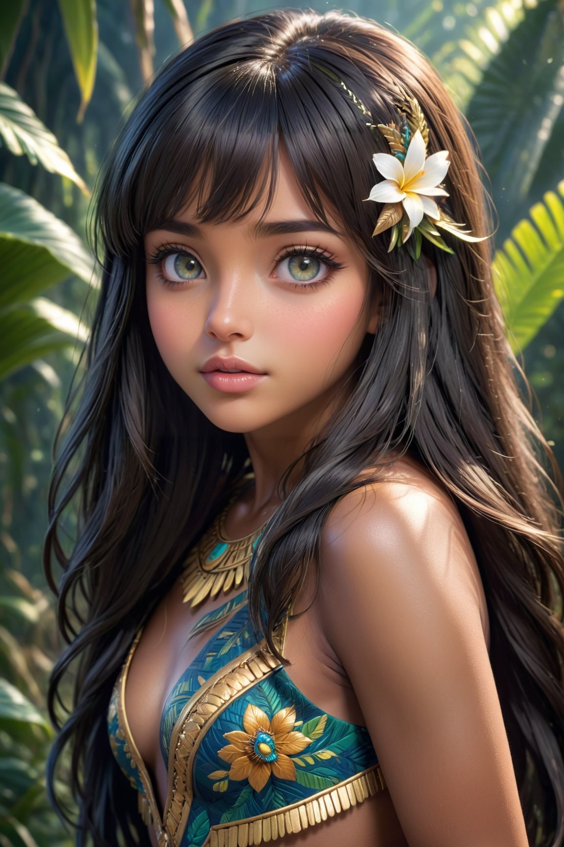 ((top quality)),  ((masterpiece)), girl of Amazonian ethnicity, with a childish face with a shy look, long dark hair with bangs, dark skin,  intricate details, cinematic image, very detailed eyes, very detailed mouth, illuminated by soft light,