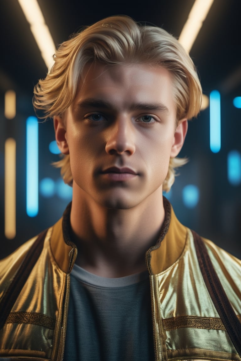 A middle age man, 24 years old, with Blonde hair facing the camera, digital art, 8k, future, Cinematic, Photography, Ultra - Wide Angle, Depth of Field, hyper - detailed, insane details, intricate details, beautifully color graded, Unreal Engine 5, Cinematic, Photoshoot, Shot on 25mm lens