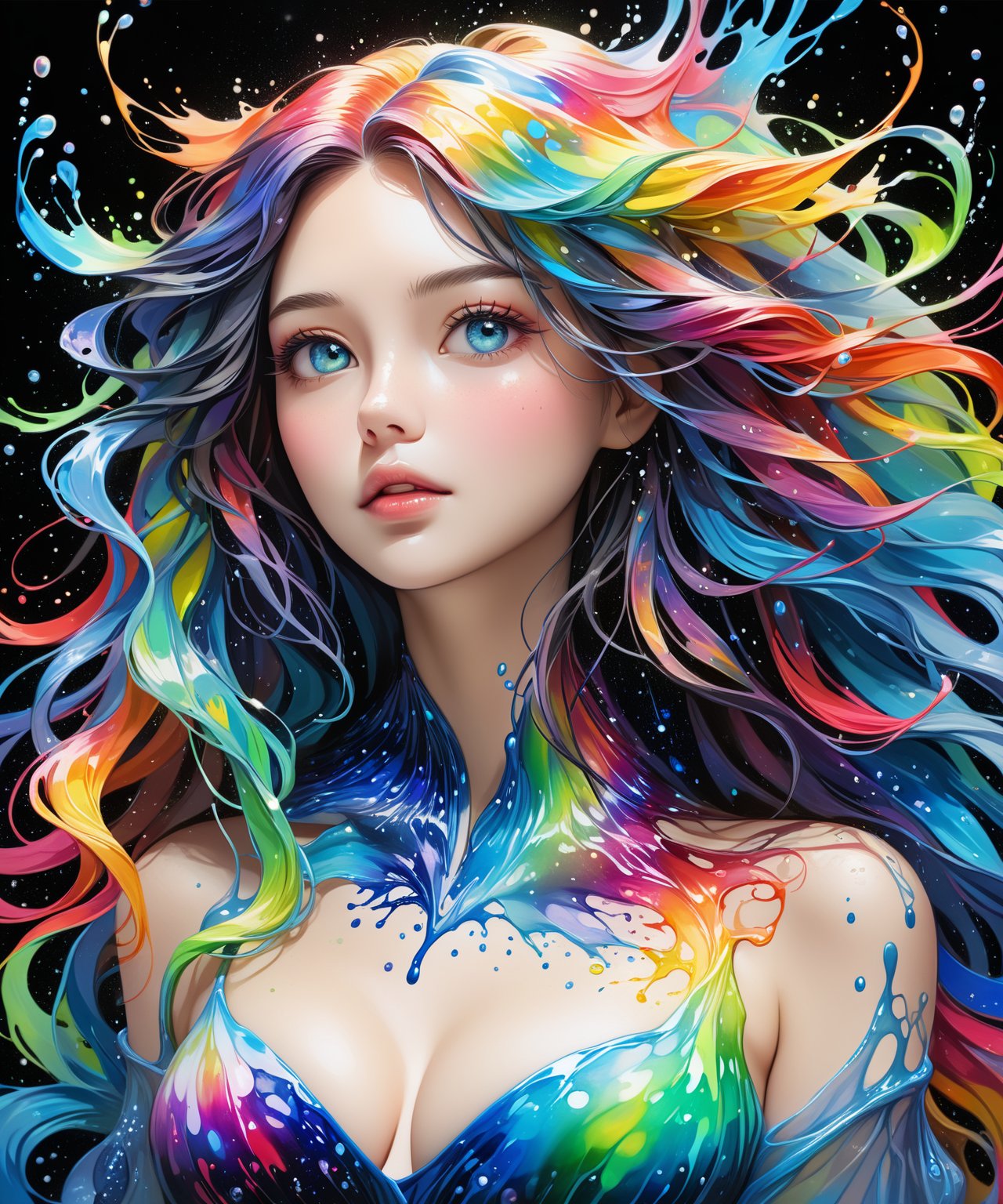 Masterpiece, 4K, ultra detailed,  ((solo)), PhotoRealistic, colorful splash art, liquid luminous busty lady made of colors, long flowy hair, epic aurora borealis, SFW, whole body portrait, depth of field, more detail XL, Ink art