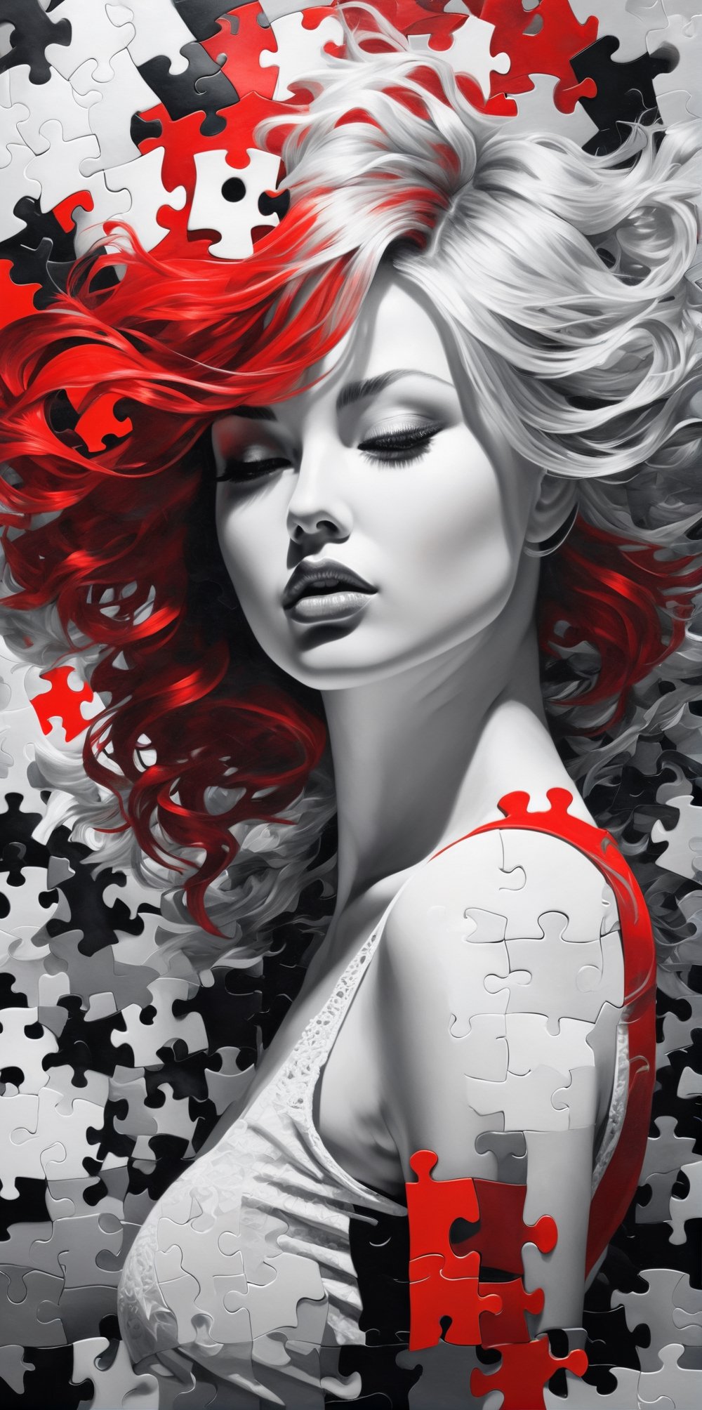 8k quality hiperrealistic, (((A long exposed and degrated photo imatge))) of a stunningly digital work drawed with black, white and red colors pencils of a puzzle pieces pattern silhouette of a hiperrealistic and detailed woman , 3d render, illustration, paintingv0.1, painting, illustration, poster