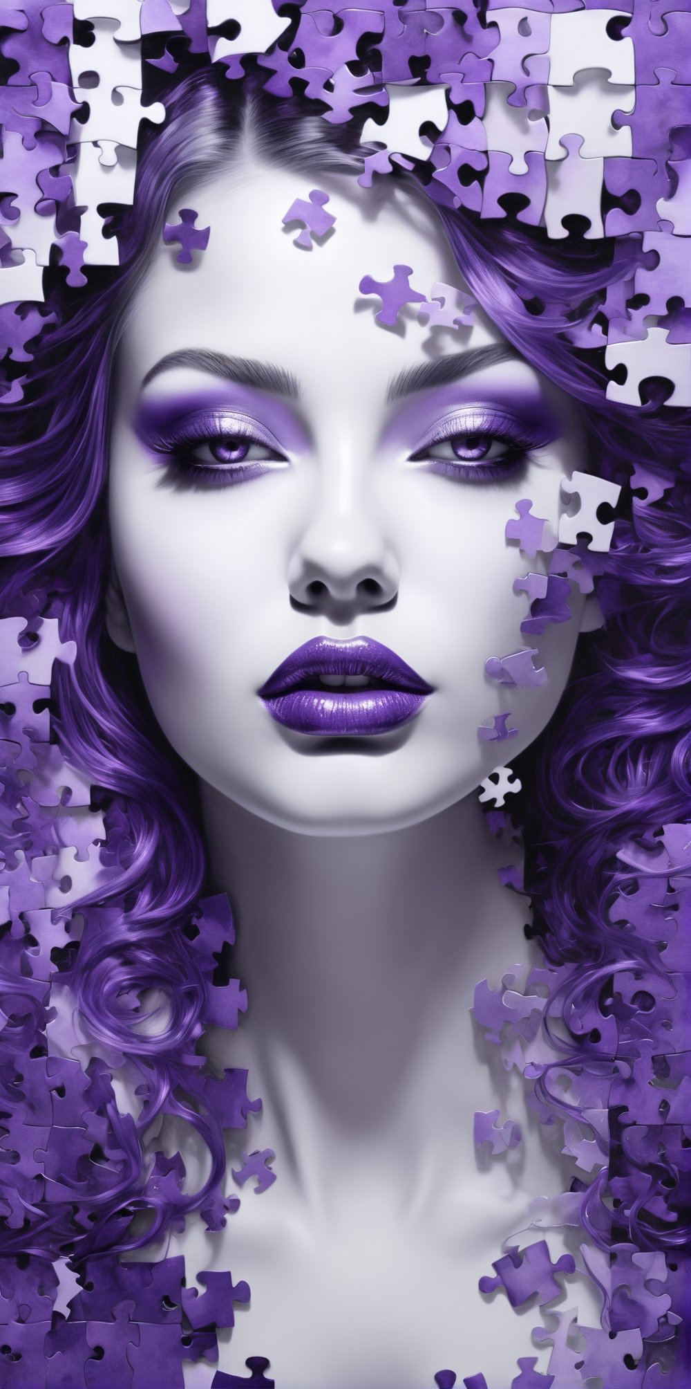 8k quality hiperrealistic, (((A long exposed and degrated photo imatge))) of a stunningly digital work drawed with black, white and purple colors pencils of a puzzle pieces pattern silhouette of a hiperrealistic and detailed woman ( Alina Sanko face)  , 3d render, illustration, paintingv0.1, painting, illustration, poster