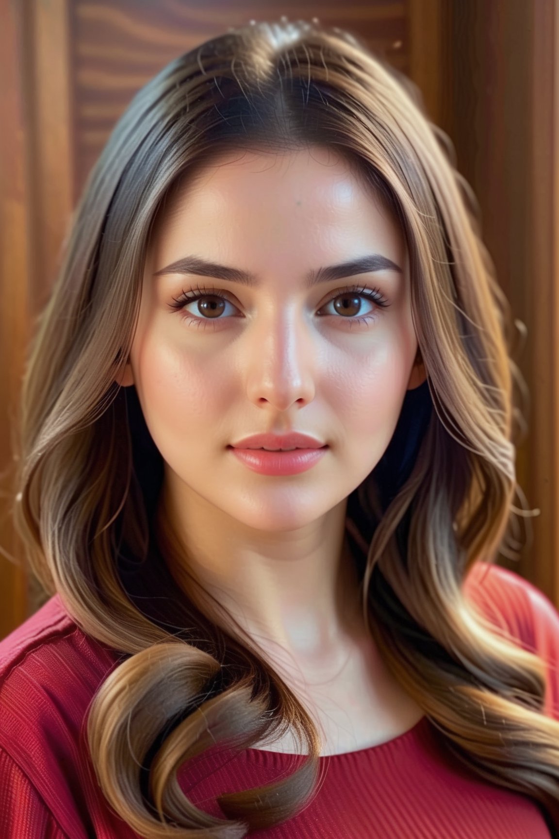 28-year-old Nordic , Brown beautiful hair,  with hazel very light brown eyes, dark interior background, bright light on female face, It's a real photo effect,ch3ls3a,h4n3n , sensual , close up