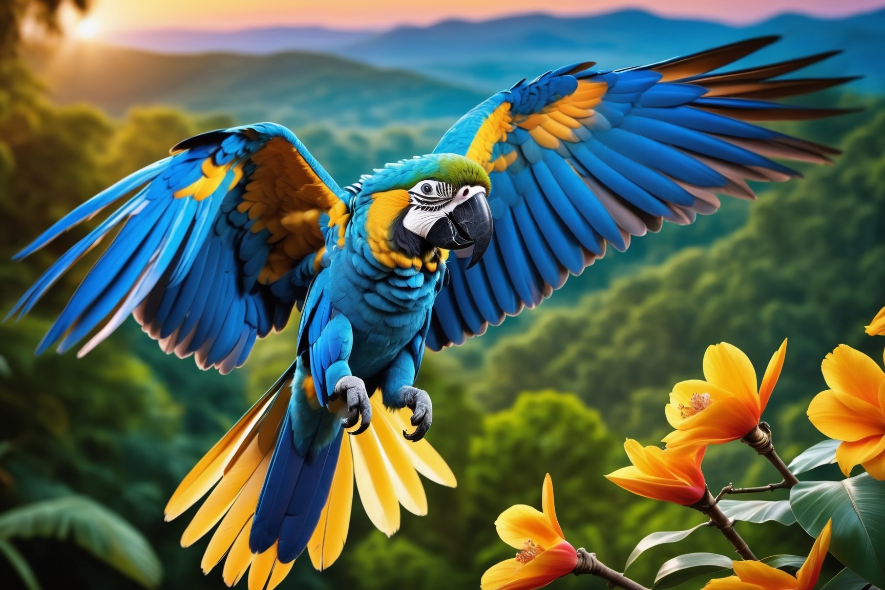 (masterpiece:1.2, highest quality), (realistic, photo_realistic:1.9), ((Photoshoot))
a  blue macaw parrot  flying,  (detailed background), (gradients), detailed colorful landscape, key visual, glowing skin.
beautiful and forest, stunning trees and flowers, stunning sunset. Medium shot. action camera. Portrait film. standard lens Golden hour lighting.
8k, UHD, high quality, frowning, intricate detailed, highly detailed, hyper-realistic,(Circle:1.4)