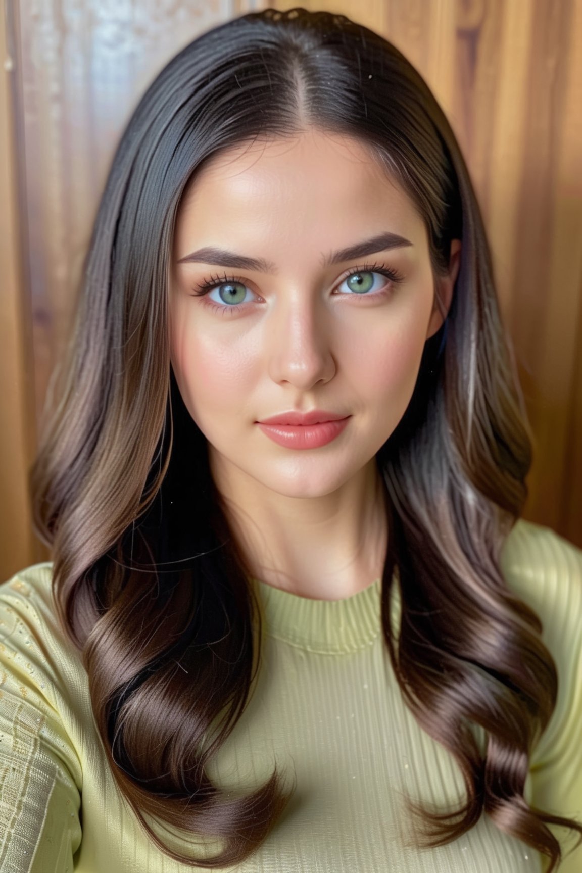 27-year-old Nordic , Black beautiful hair,  with hazel light green eyes, dark interior background, bright light on female face, It's a real photo effect,ch3ls3a,h4n3n