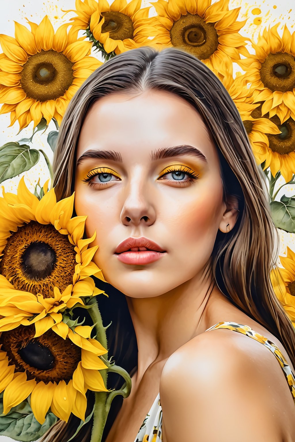 lana rhoades, SelectiveColorStyle yellow, 2colorpop, ink stained wash painting. A woman with her eyes closed. Sunflowers. Best quality with insane detail and sharp focus, masterpiece, professional, award-winning, exquisite detailed, highly detailed, UHD, 64k, soft look