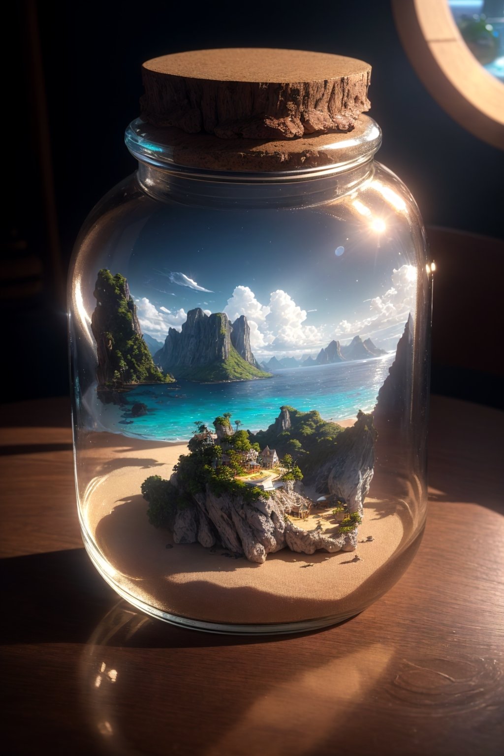 masterpiece, best quality, ultra detailed, hyperresolution, ultra-resolution
Island inside glass jar, glass jar, island middle of ocean, miniature island, mini island, ocean inside jar, ocean, cinematic, jar on table, brown table, bokeh, dark room, sun light, dungeon, background blur,mini\(ttp\)