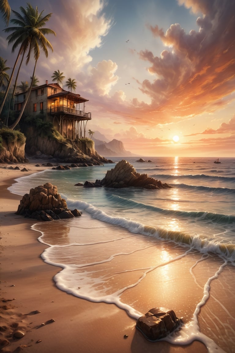 cliffbuilding, (sea bay), beach, palm tree, sunset, orange sky, cloud, (masterpiece),(ultra-detailed), 8k, (highly detailed CG illustration),(expressionless), (best quality:1.1), High quality texture, intricate details, detailed texture, High quality shadow, Cinematic Light, Depth of field, light source contrast, perspective,20s