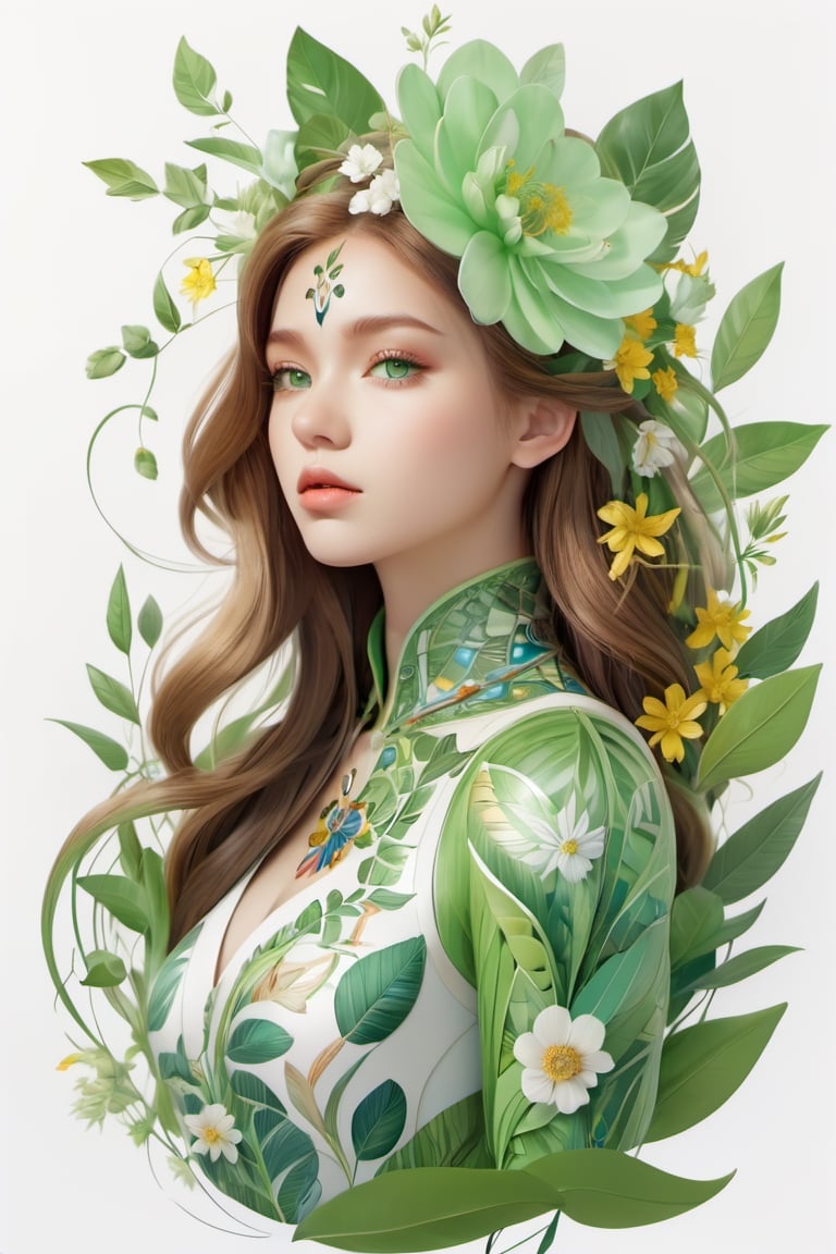1girl, Alina Sanko,  ((light green eyes)), (full body) Paint a full-body picture of the perfect balance between art and nature, Incorporate elements like flowers, leaves, animals, and other natural patterns to create a unique and intricate design, symmetrical,perfect_symmetry,Leonardo Style,oni style, line_art,3d style, white background