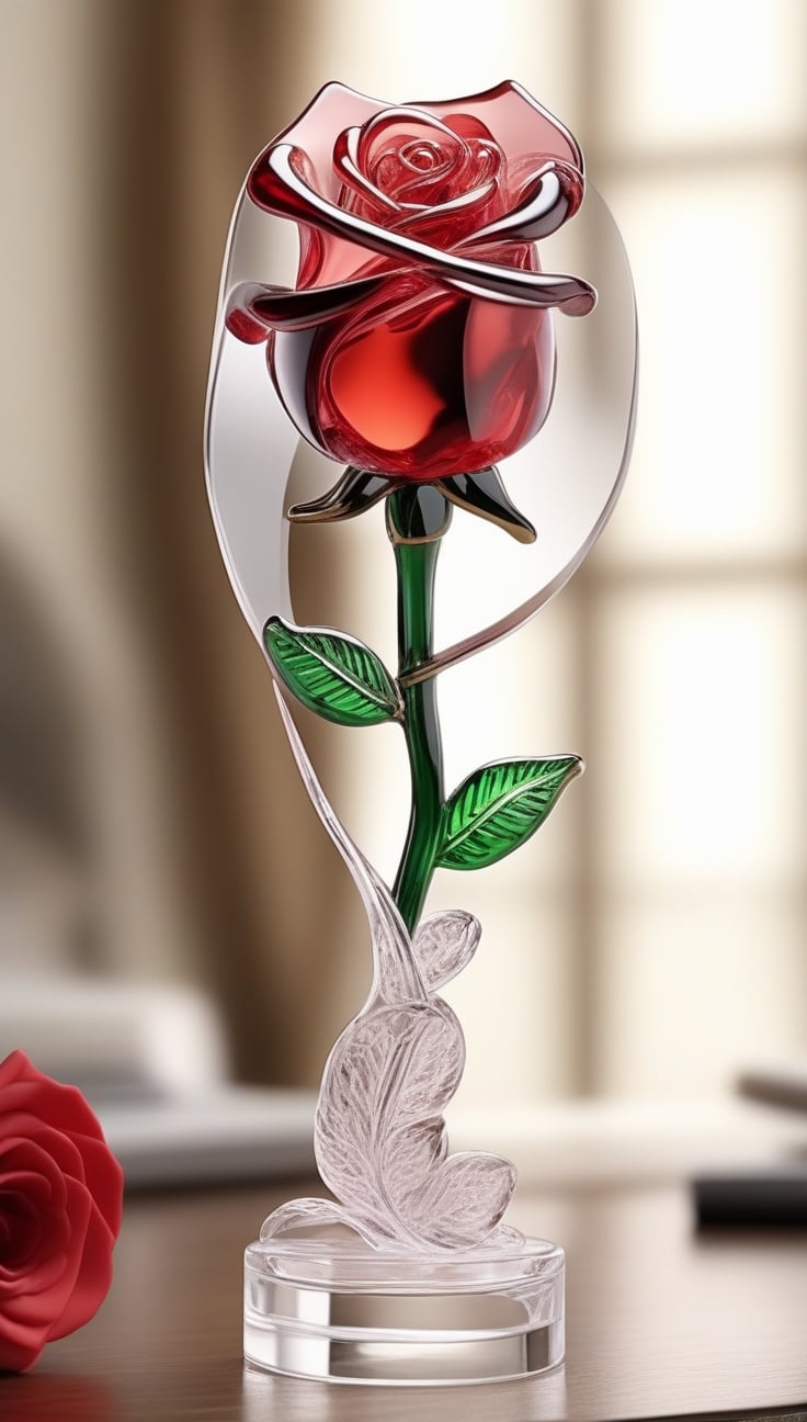 Generate an image of a sophisticated glass art rendition featuring  red rose . The intricately crafted figurine stands elegantly on a desk, capturing the essence of high-end craftsmanship.Clear Glass Skin, pink rose -themed , realistic glass style , Valentine day