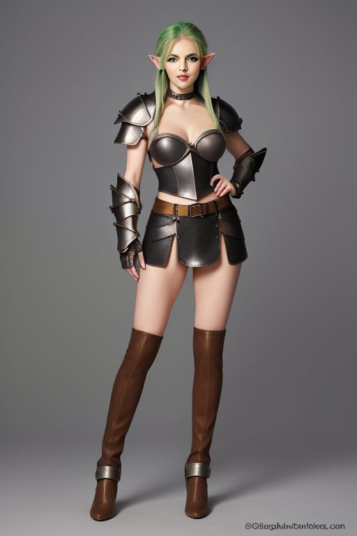 sexy,female,elf warrior,full body,leather armor,green hair