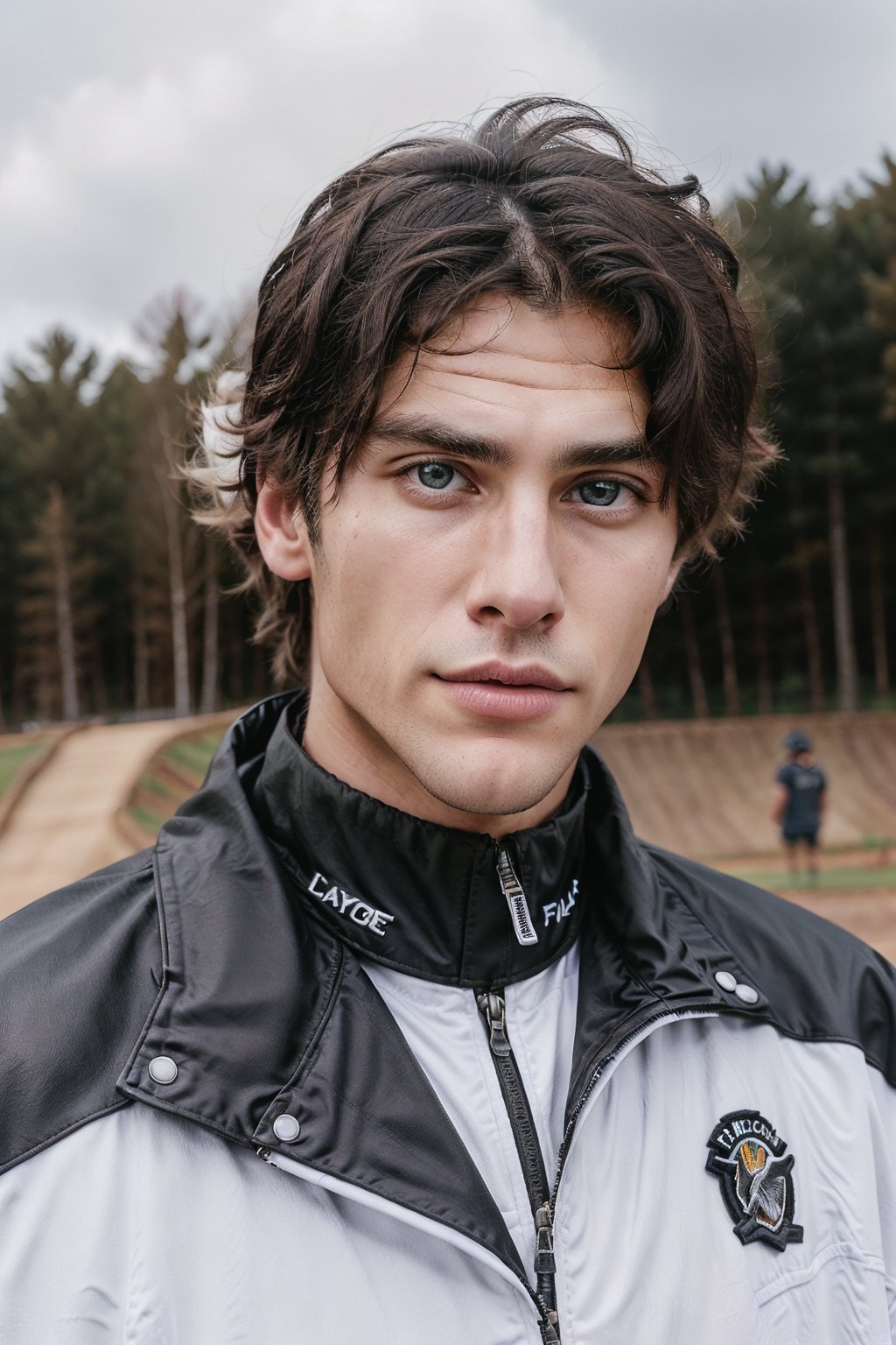 Hyper realistic image of an athletic looking Caucasian man dressed biker white uniform. ((The uniform white Fox Racing Sports whit Logos: 1.2)). The character should have detailed skin texture, well-defined hands, and hazel eyes that reflect realism. His face should show symmetry in his physical features, and he should have a serious but friendly expression. When standing, the lighting in the scene should be natural and realistic, with a medium shot that shows the character centered in the frame, (looking directly at the viewer: 1.2). ((Also, make sure his entire body is facing the viewer to create a sense of connection: 1.6)).
(Change biker uniform color: 1.8)
(Fund of a BMX track: 1.6)