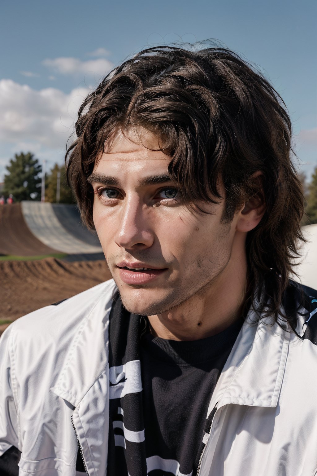 Hyper realistic image of an athletic looking Caucasian man dressed biker uniform. ((The uniform white Fox Racing Sports whit Logos: 1.3)). The character should have detailed skin texture, well-defined hands, and hazel eyes that reflect realism. His face should show symmetry in his physical features, and seductive smile, casual hairstyle, detailed finger nails, beautiful teeth, extremely detailed. When standing, the lighting in the scene should be natural and realistic, with a american shot that shows the character centered in the frame, (looking directly at the viewer: 1.9) (Face directly at the viewer: 1.9), (challenging gaze). ((Also, make sure his entire body is facing the viewer to create a sense of connection: 1.9)).
(Fund of a BMX track: 1.6)
detailed background, real-life lighting