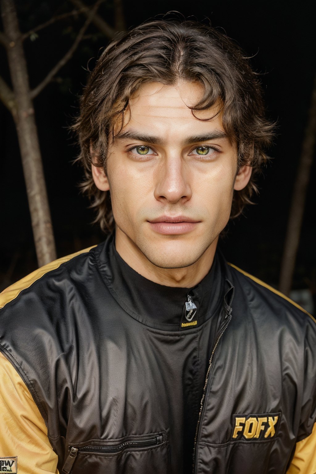 Hyper realistic image of an athletic looking Caucasian man dressed biker yellow uniform. ((The uniform yellow Fox Racing Sports whit Logos: 1.2)). The character should have detailed skin texture, well-defined hands, and hazel eyes that reflect realism. His face should show symmetry in his physical features, and he should have a serious but friendly expression. When standing, the lighting in the scene should be natural and realistic, with a medium shot that shows the character centered in the frame, (looking directly at the viewer: 1.2). ((Also, make sure his entire body is facing the viewer to create a sense of connection: 1.6)).
(Fund of a BMX track: 1.6)