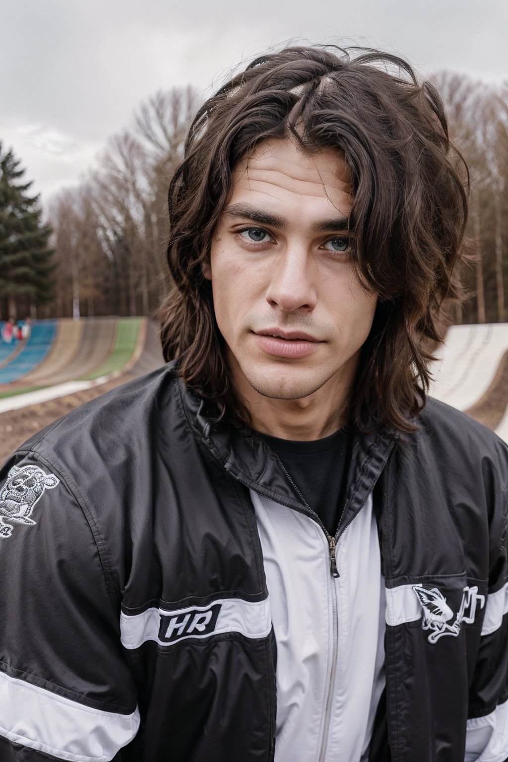 Hyper realistic image of an athletic looking Caucasian man dressed biker uniform. ((The uniform white Fox Racing Sports whit Logos: 1.2)). The character should have detailed skin texture, well-defined hands, and hazel eyes that reflect realism. His face should show symmetry in his physical features, and seductive smile, casual hairstyle, detailed finger nails, beautiful teeth, extremely detailed. When standing, the lighting in the scene should be natural and realistic, with a american shot that shows the character centered in the frame, (looking directly at the viewer: 1.9) (Face directly at the viewer: 1.9), (challenging gaze). ((Also, make sure his entire body is facing the viewer to create a sense of connection: 1.9)).
(Fund of a BMX track: 1.6)
detailed background, real-life lighting