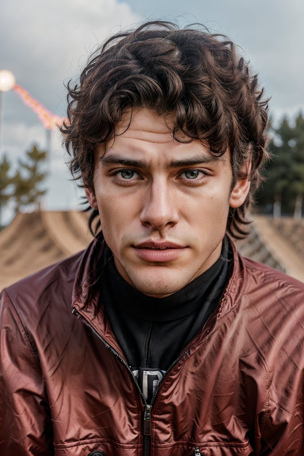 Hyper realistic image of an athletic looking Caucasian man dressed biker Red uniform. ((The uniform red Fox Racing Sports whit Logos: 1.2)). The character should have detailed skin texture, well-defined hands, and hazel eyes that reflect realism. His face should show symmetry in his physical features, and he should have a serious but friendly expression. When standing, the lighting in the scene should be natural and realistic, with a medium shot that shows the character centered in the frame, (looking directly at the viewer: 1.2). ((Also, make sure his entire body is facing the viewer to create a sense of connection: 1.6)).
(Change biker uniform color: 1.8)
(Fund of a BMX track: 1.6)