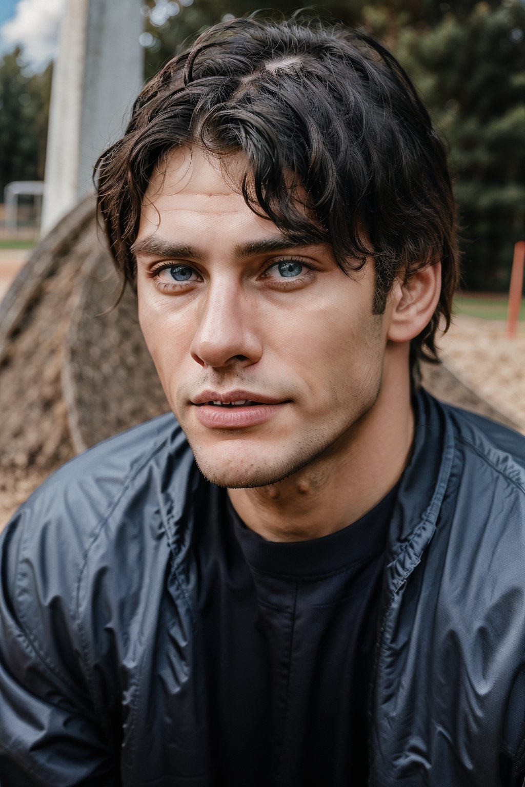Hyper realistic image of an athletic looking Caucasian man dressed biker Blue uniform. ((The uniform Blue Fox Racing Sports whit Logos: 1.2)). The character should have detailed skin texture, well-defined hands, and hazel eyes that reflect realism. His face should show symmetry in his physical features, and seductive smile, casual hairstyle, detailed finger nails, beautiful teeth, extremely detailed. When standing, the lighting in the scene should be natural and realistic, with a american shot that shows the character centered in the frame, (looking directly at the viewer: 1.2) (Face directly at the viewer: 1.2), (challenging gaze). ((Also, make sure his entire body is facing the viewer to create a sense of connection: 1.6)).
(Fund of a BMX track: 1.6)
detailed background, real-life lighting