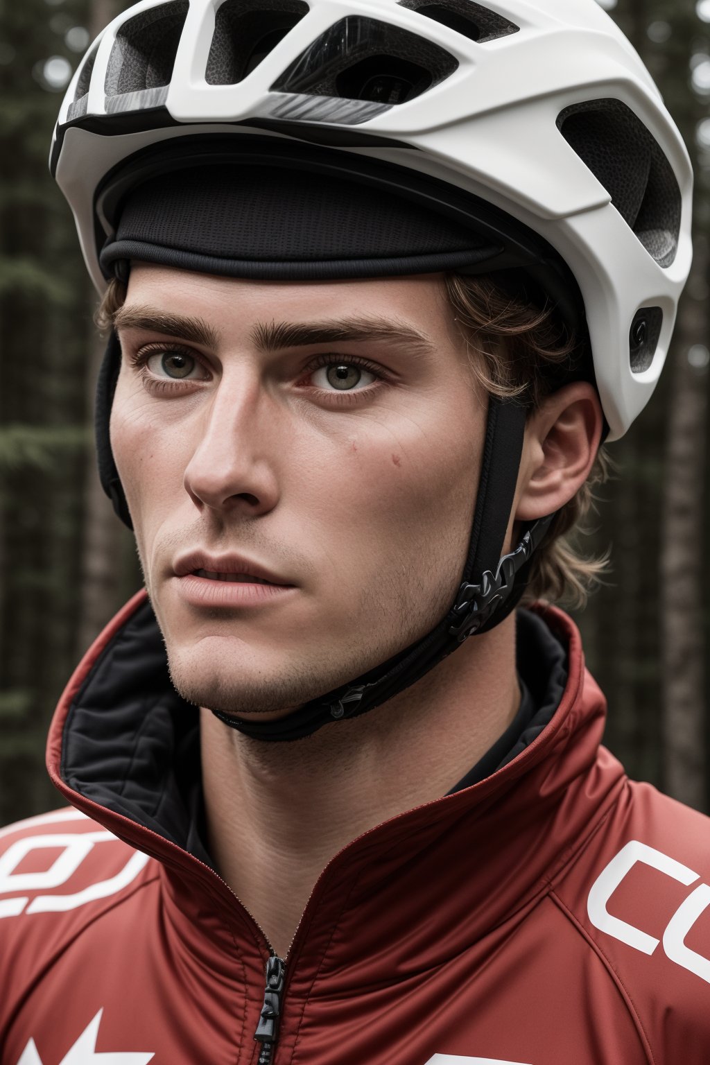 (best quality, masterpiece, ultra quality), UHD quality, RAW, 1 man Loïc Bruni is a French athlete who competes in mountain biking in the downhill discipline. He won five gold medals in the World Mountain Bike Championships, between the years 2015 and 2022.
The character should have detailed skin texture, well-defined hands, reflect realism. Her face should show symmetry in her physical features and should have a serious but friendly expression. Eyes, realistic eyeballs, symmetrical eyeballs, small eyeballs.
