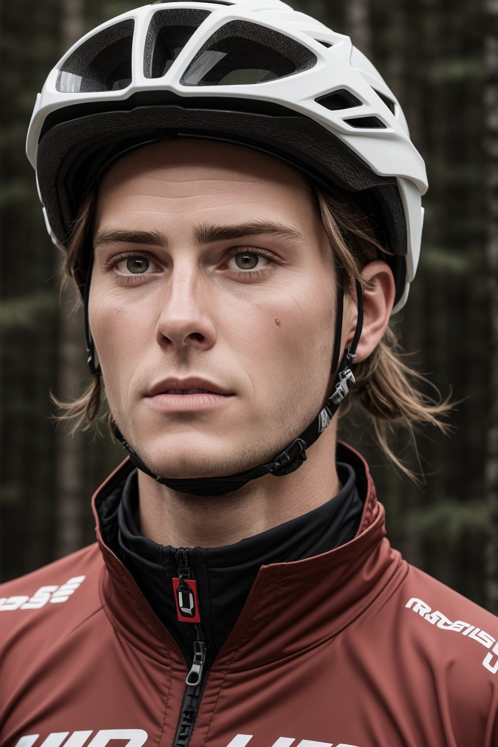 (best quality, masterpiece, ultra quality), UHD quality, rule of thirds, 1 man Loïc Bruni is a French athlete who competes in mountain biking in the downhill discipline. He won five gold medals in the World Mountain Bike Championships, between the years 2015 and 2022.
The character should have detailed skin texture, well-defined hands, reflect realism. Her face should show symmetry in her physical features and should have a serious but friendly expression. Eyes, realistic eyeballs, symmetrical eyeballs, small eyeballs.
