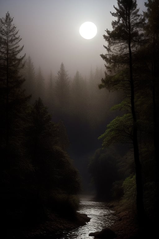 valley in the forest. light sources come from the Moon illuminating the trees, fog emerging from the river, the moonlight reflects in harmony with the night