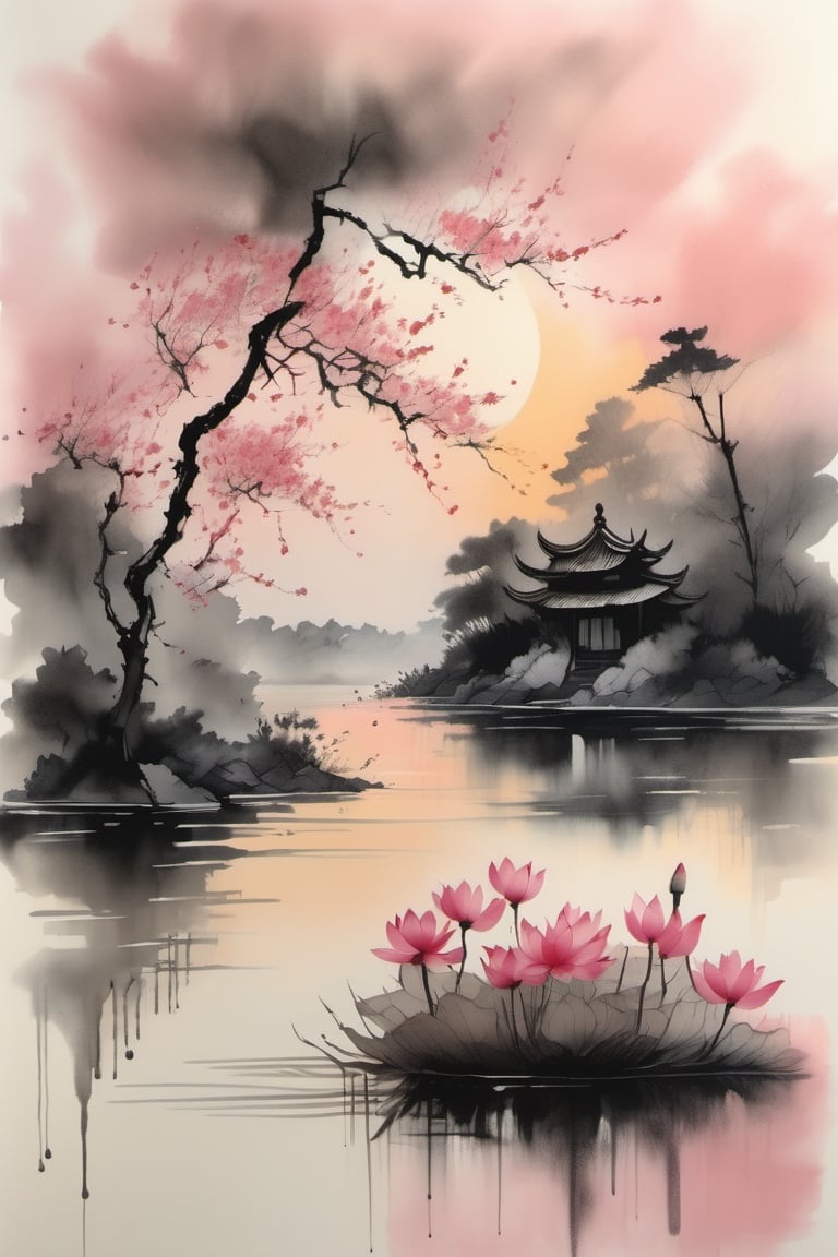 ink scenery, no humans, lake, trees, sunset, muted colors, blooming branches with pink flowers, flowers fall on the water, lotus flower on the water, lake in the middle of the forest, negative space, chinese ink drawing