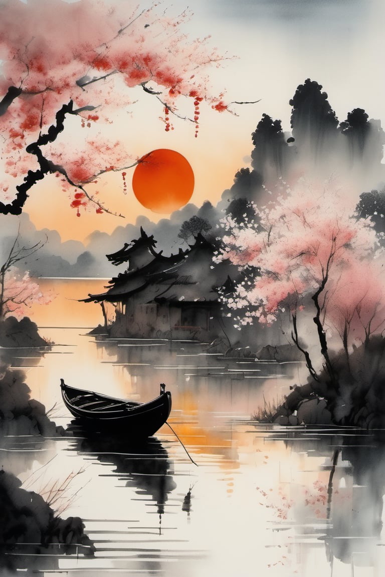 ink scenery, no humans, sunset, lake in the middle of the forest, blooming large cherry branches touching the water, boat on the water, muted colors,  negative space,  chinese ink drawing