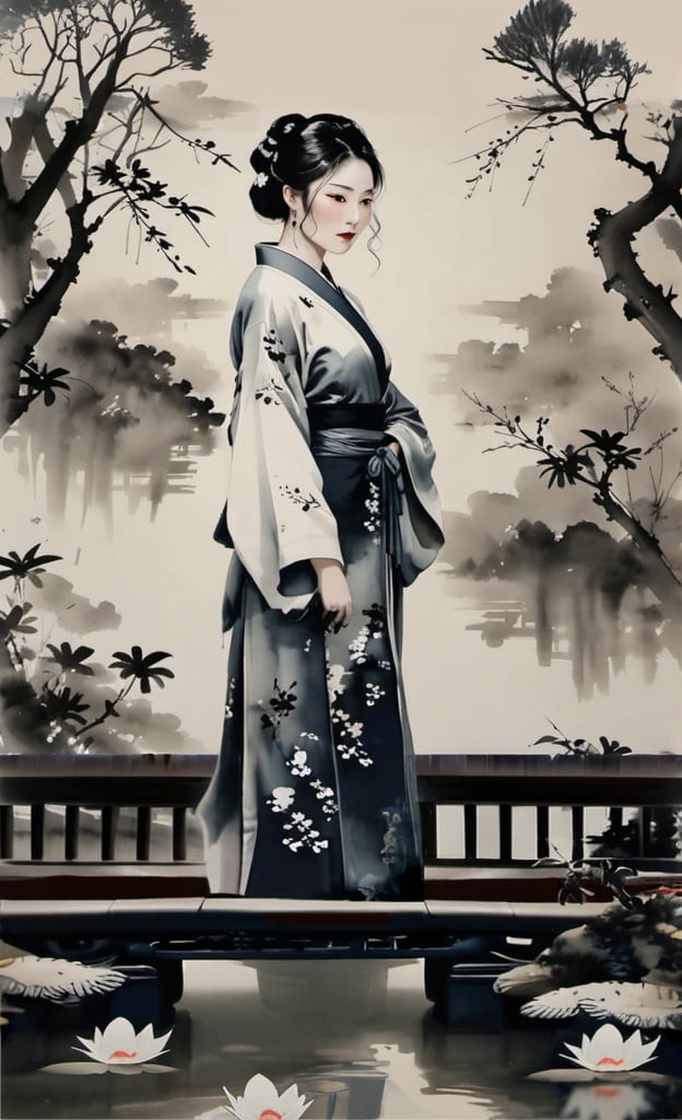 ink scenery, woman standing on the bridge, hanfu, pond,  trees, muted colors, negative space