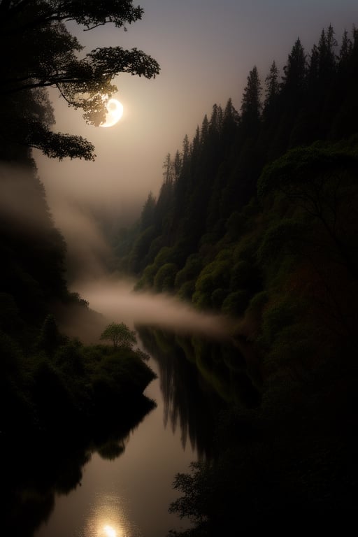 valley in the forest. light sources come from the Moon illuminating the trees, fog emerging from the river, the moonlight reflects in the river