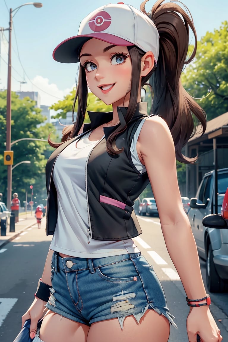 hilda pokemon, baseball cap, vest,  smile, denim shorts, eyelashes, high ponytail, white shirt, 1girl,medium breasts, sidelocks, short shorts, sleeveless, solo, :d, looking at viewer,  sleeveless shirt, black vest, wristband, outdoors, arms behind back,hilda pokemon,hourglass body shape