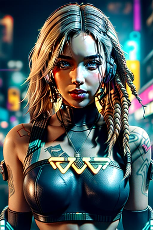 a close up of a person with headphones on, cyberpunk 2 0 7 7 character art, jessica rossier color scheme, cybernetic dreadlocks, picture of a female biker, photoreal render, psytrance artwork, connected, terminals, colorful character faces, unsplash 4k, cyborg merchant woman, neon graffiti