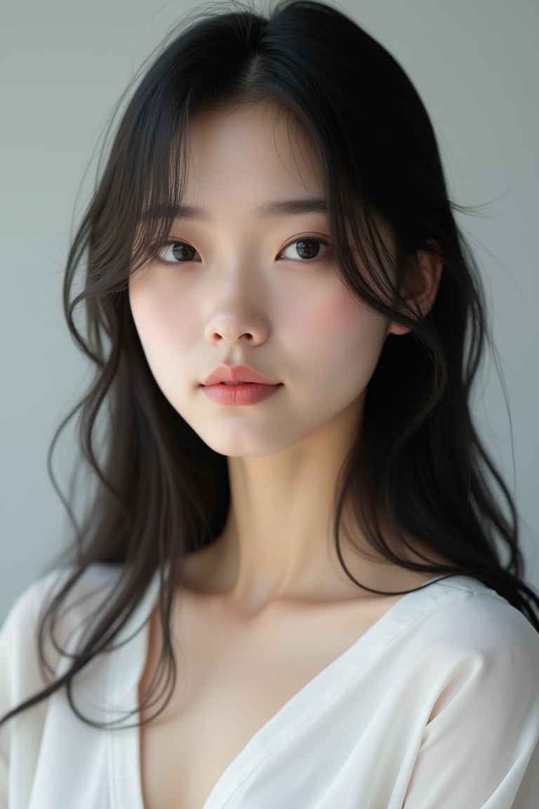 A photorealistic portrait of a young Asian woman with straight black hair, neatly styled, and flawless, glowing skin. She has a calm expression with slightly pursed lips and almond-shaped dark eyes that reflect soft studio lighting. She is dressed in a minimalist white blouse, and the background is a light gray gradient that emphasizes her features. The focus is on capturing intricate details such as skin texture, hair strands, and the subtle play of light and shadow on her face.