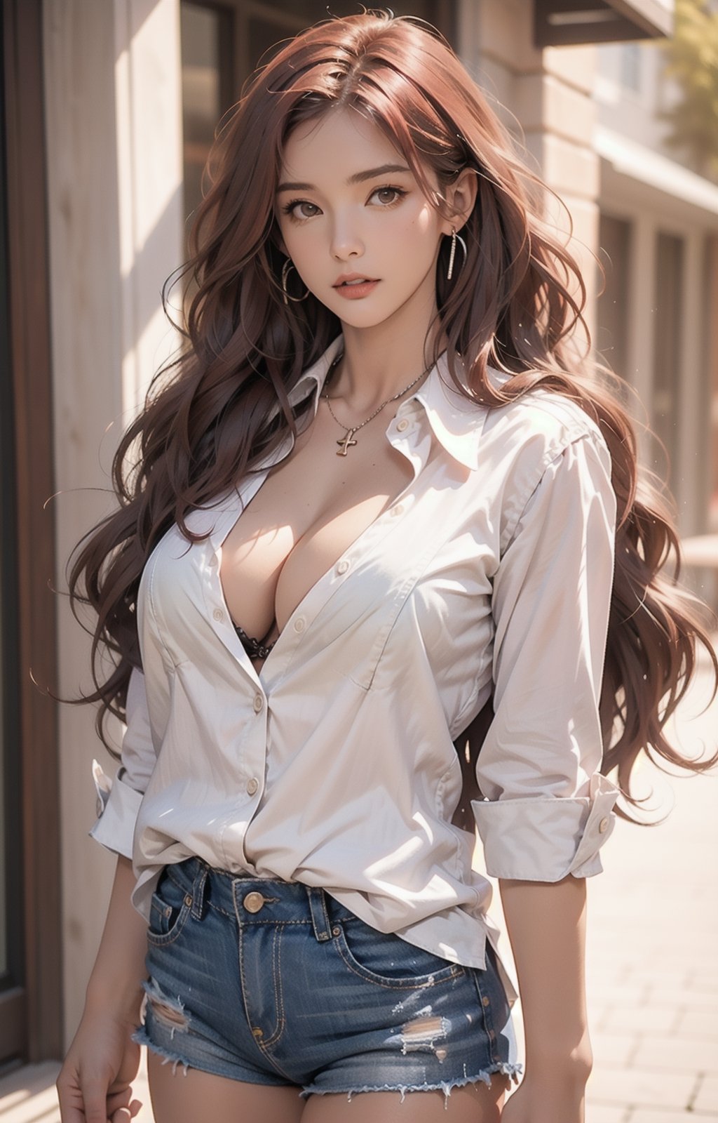 (extremely detailed:1.4),solo,((mature female)),(red hair),(long and wavy hair:1.5),huge breasts,cowboy shot,niji5,perfect light,collared shirt,(cleavage:1.3),short shorts,