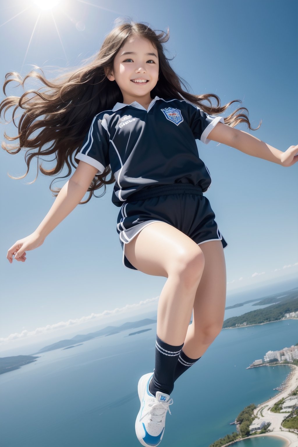 photorealistic,high detail,hyper quality,high resolution,solo,realistic,ultra resolution image,(Wavy hair:1.4),((a 10 years old cute girl)),chubby face,real skin,black_hair,smile,perfect light,sport uniform,full_body,(in the space,flying over the earth),wind,